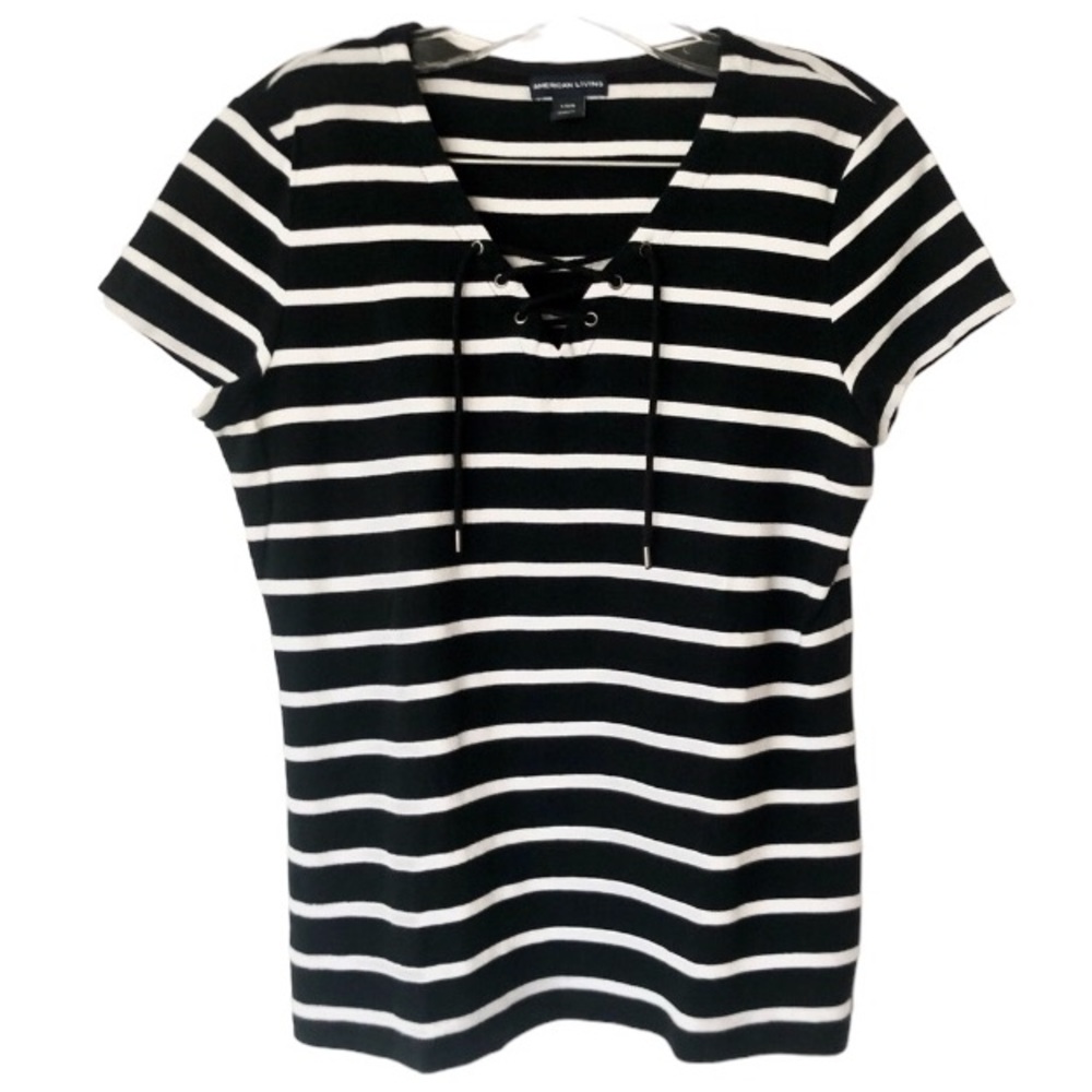 American Living Lace Up Cotton Black and White Striped T Shirt